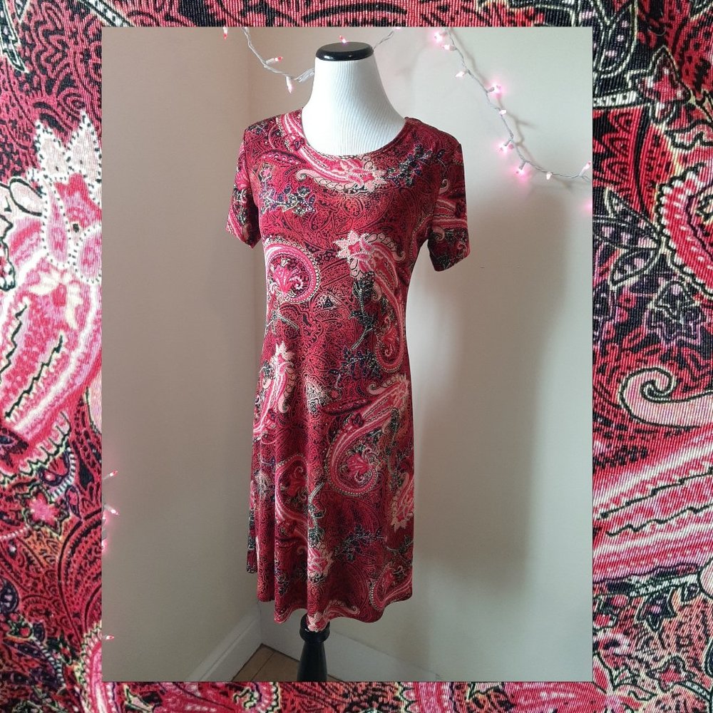 Vtg Red Slinky Stretch Liquid Knit Paisley Short Pullover Dress Y2K